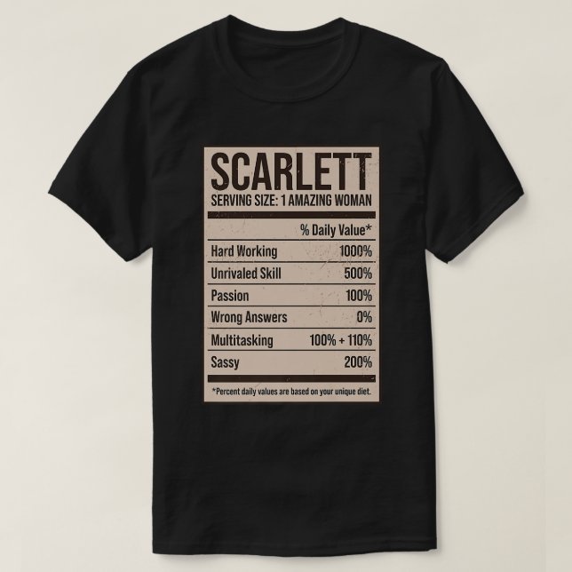 Scarlett Nutrition Facts Name Nickname Alias Title T-Shirt (Design Front)