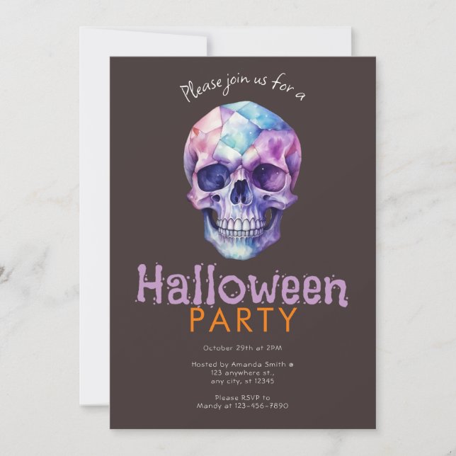 Scary and Creepy Blue&Purple Skull Halloween Party Invitation (Front)
