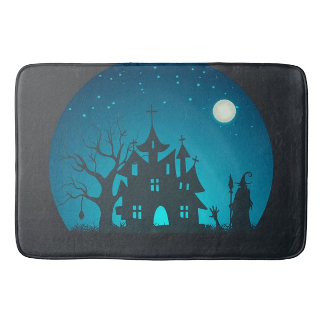 Scary and Fun Blue and Black Haunted House Bath Mat (Front)