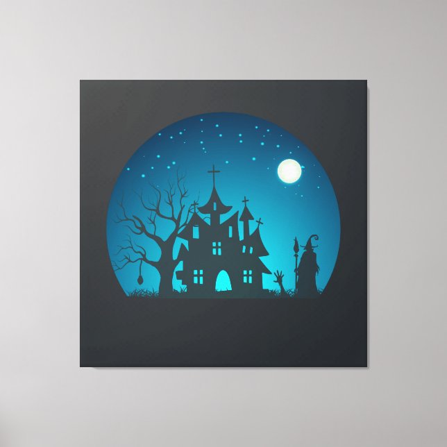 Scary and Fun Blue and Black Haunted House Canvas Print (Front)