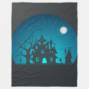 Scary and Fun Blue and Black Haunted House Fleece Blanket