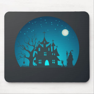 Scary and Fun Blue and Black Haunted House Mouse Pad
