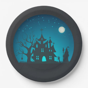Scary and Fun Blue and Black Haunted House Paper Plate