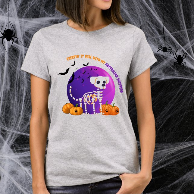Scary Australian Shepherd Halloween Bats T-Shirt (Spooky Halloween t-shirt with a dog skeleton, full moon, pumpkins, bats, and your favorite dog breed)