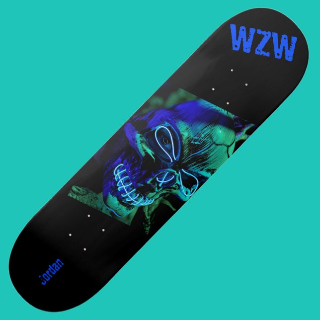 Scary Badass Neon Blue Skull Monogram Skateboard (Creator Uploaded)