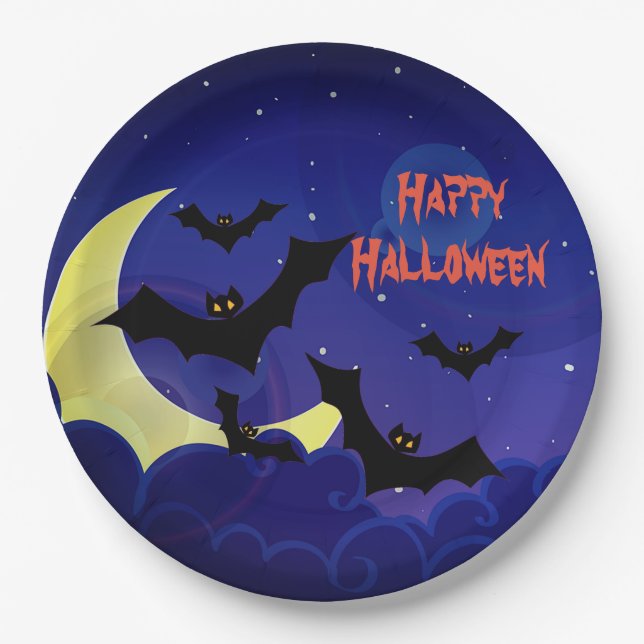 Scary Bats Happy Halloween Custom Paper Plates (Front)