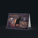 Scary Black Cat and Skull Halloween Happy Birthday Card<br><div class="desc">This Happy Birthday greeting card features a scary black cat and spooky skull with a potion bottle.  The greeting can be modified...  Inside Greeting ~ Wishing you a very Happy Birthday!   Hope it makes you want to hiss and scream.  *</div>