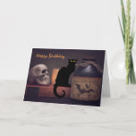 Scary Black Cat and Skull Halloween Happy Birthday Card<br><div class="desc">This Happy Birthday greeting card features a scary black cat and spooky skull with a potion bottle.  The greeting can be modified...  Inside Greeting ~ Wishing you a very Happy Birthday!   Hope it makes you want to hiss and scream.  *</div>