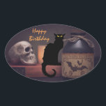 Scary Black Cat and Skull Happy Birthday Oval Sticker<br><div class="desc">This Happy Birthday sticker design features a scary black cat and spooky skull with a potion bottle.</div>