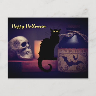 Scary Black Cat and Skull Happy Halloween Postcard