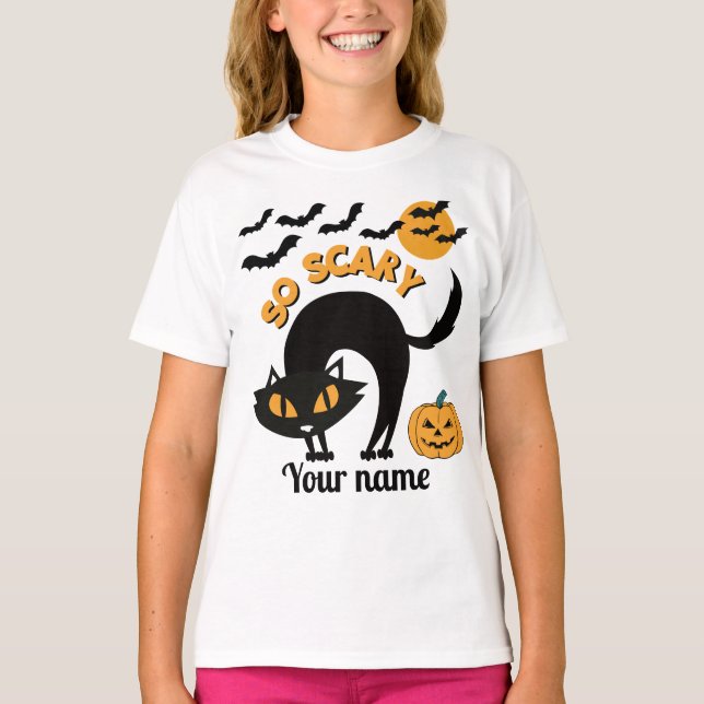 scary black cat Custom name Halloween girls  T-Shirt (Front)