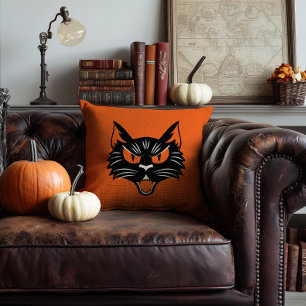 Scary Black Cat Face Halloween Orange and Black Cushion