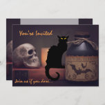 Scary Black Cat n Skull Halloween Birthday Invite<br><div class="desc">This Halloween Birthday Party invitation features a scary black cat and spooky skull with a potion bottle inviting your guests to join you if they dare.  It can be personalised with all of your party details.</div>
