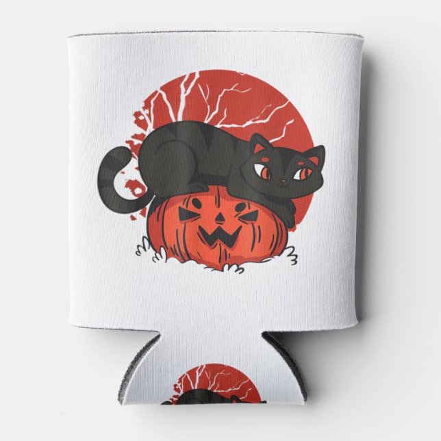 Scary Black Cat Pumpkin Face Jack Lantern Funny Ha Can Cooler (Front)