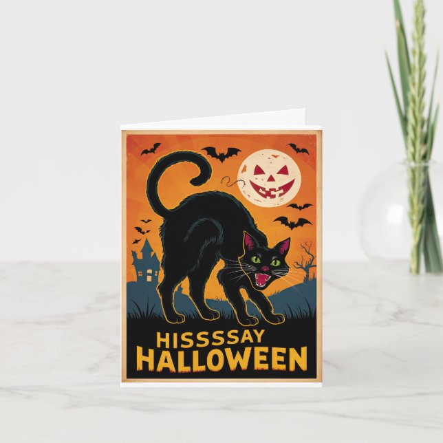 Scary Black Cat Spooky Kitten Hissssay Halloween Card (Front)
