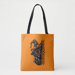 Scary Black Cat Witch Trick or Treat Halloween Tote Bag