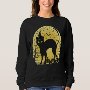 Scary Black Cat with Witch Hat Full Moon Halloween Sweatshirt