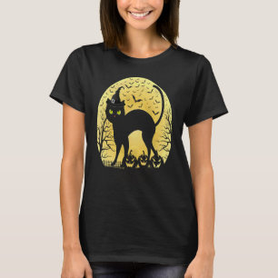 Scary Black Cat with Witch Hat Full Moon Halloween T-Shirt