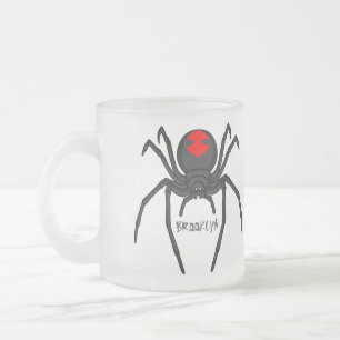 Scary black widow spider cartoon illustration frosted glass coffee mug