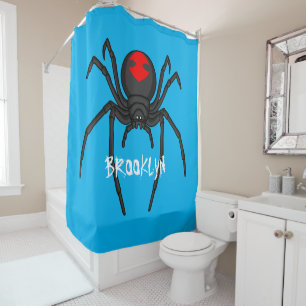 Scary black widow spider cartoon illustration shower curtain
