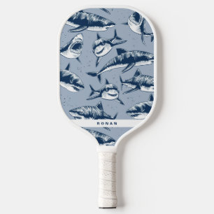Scary Blue Shark Pattern   Name Pickleball Paddle