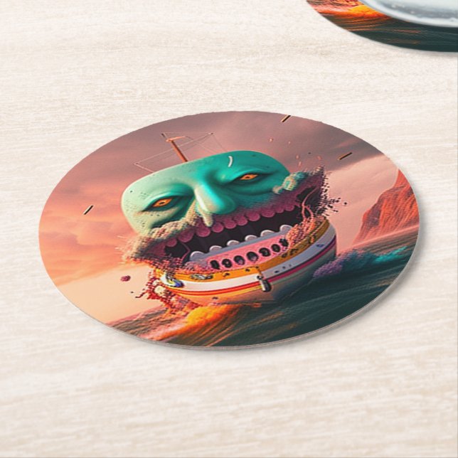 Scary boat round paper coaster (Angled)