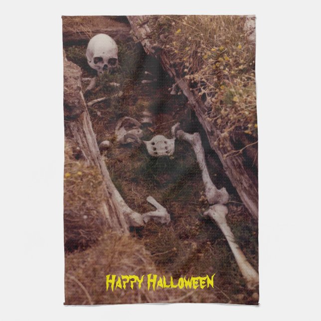 Scary Bones Skeleton Halloween Photo Designed Tea Towel (Vertical)