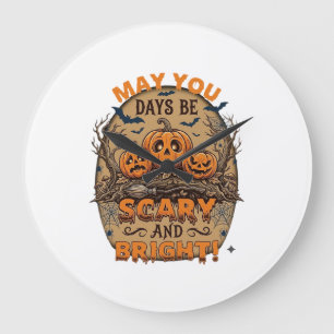 Scary Bright Halloween Pumpkins Bats Broomstick_1 Large Clock