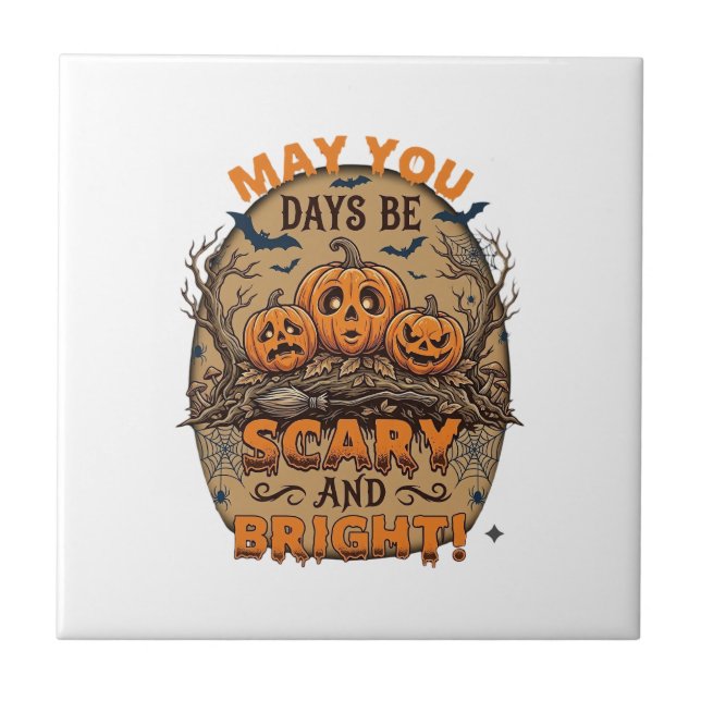 Scary Bright Halloween Pumpkins Bats Broomstick_1 Tile (Front)