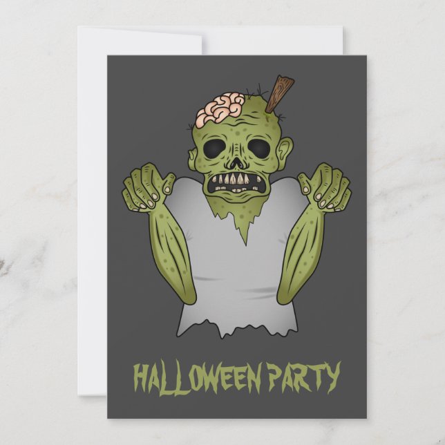 Scary Cartoon Zombie On Grey Halloween Party Invitation (Front)