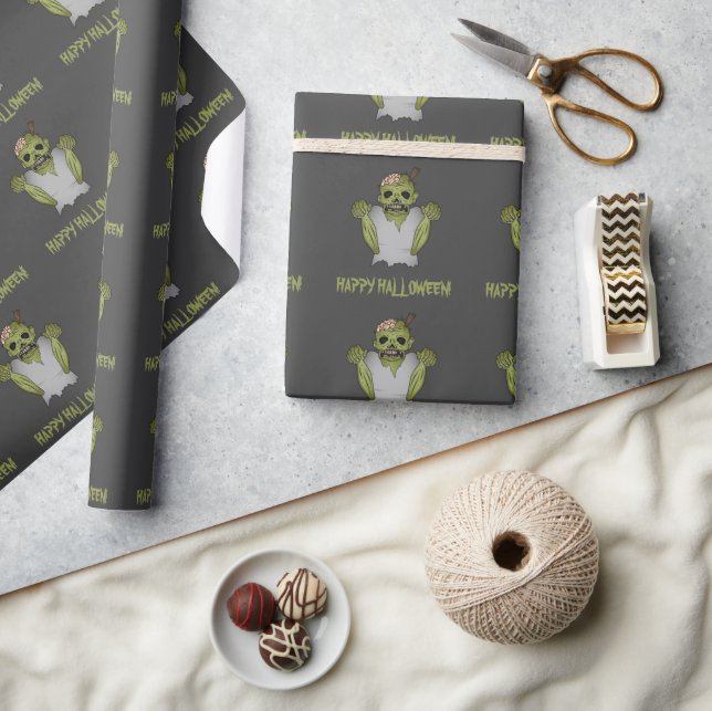 Scary Cartoon Zombie Pattern Happy Halloween Text Wrapping Paper (Crafts)