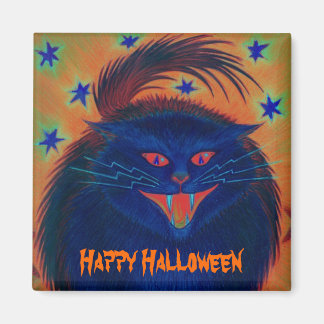 Scary Cat Blue 'Happy Halloween' fridge magnet