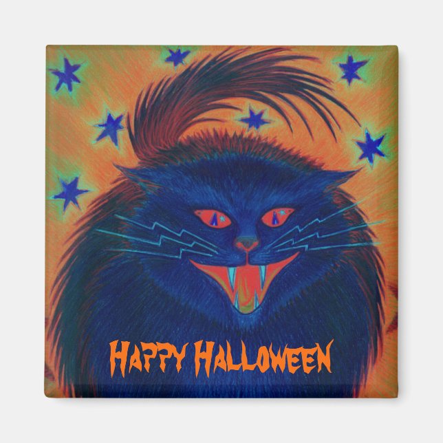 Scary Cat Blue 'Happy Halloween' fridge magnet (Front)