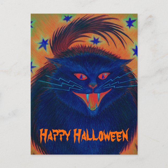 Scary Cat Blue 'Happy Halloween' postcard (Front)