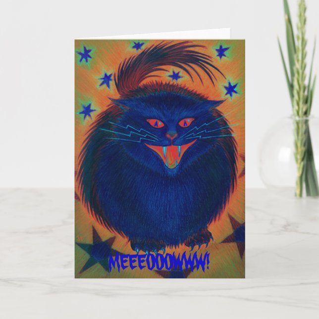 Scary Cat Blue 'MEEEOOOWWW!' greetings card (Front)