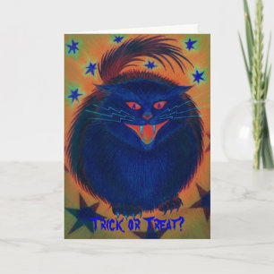 Scary Cat Blue 'Trick or Treat?' greetings card