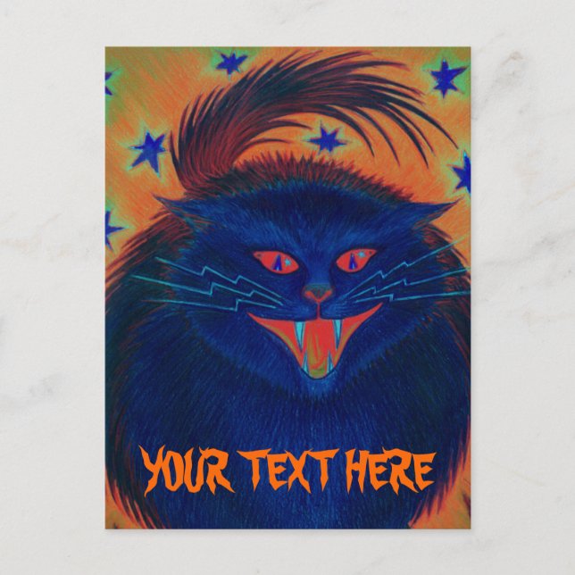Scary Cat Blue 'Your Text' postcard (Front)