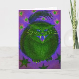 Scary Cat Green greetings card