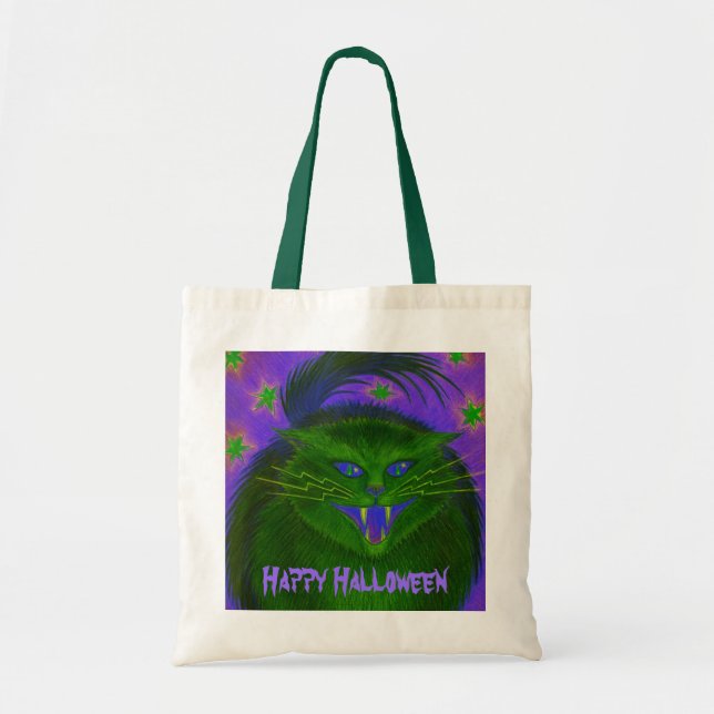 Scary Cat Green 'Happy Halloween'  bag (Front)