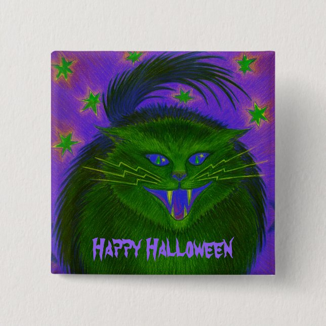 Scary Cat Green 'Happy Halloween' button (Front)