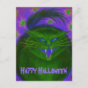 Scary Cat Green 'Happy Halloween' postcard