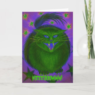 Scary Cat Green 'MEEEOOOWWW!' greetings card