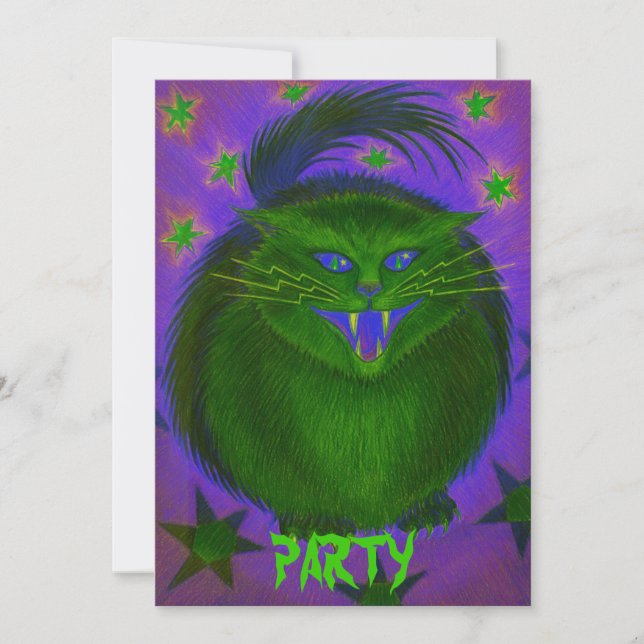 Scary Cat Green 'Party' invitation (Front)