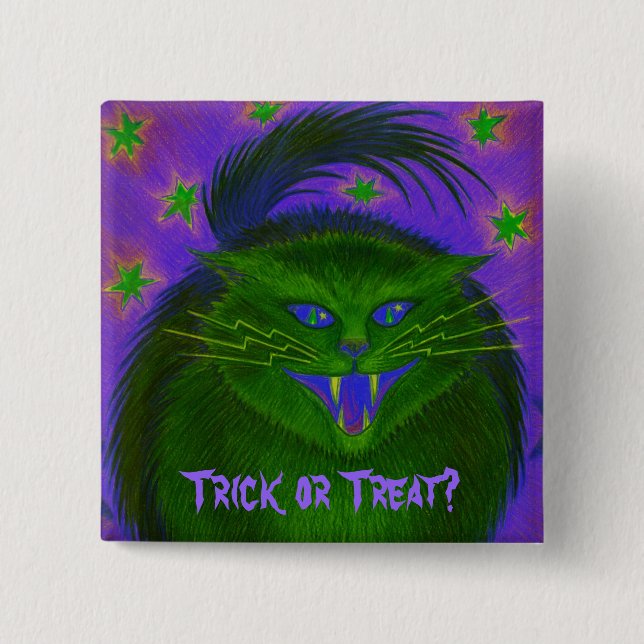 Scary Cat Green 'Trick or Treat?' button (Front)