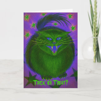 Scary Cat Green 'Trick or Treat?' greetings card