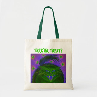 Scary Cat Green 'Trick or Treat?' tote bag
