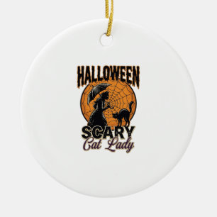 Scary Cat Lady Halloween Witch Web Vintage Shirt_1 Ceramic Tree Decoration