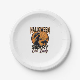 Scary Cat Lady Halloween Witch Web Vintage Shirt_1 Paper Plate