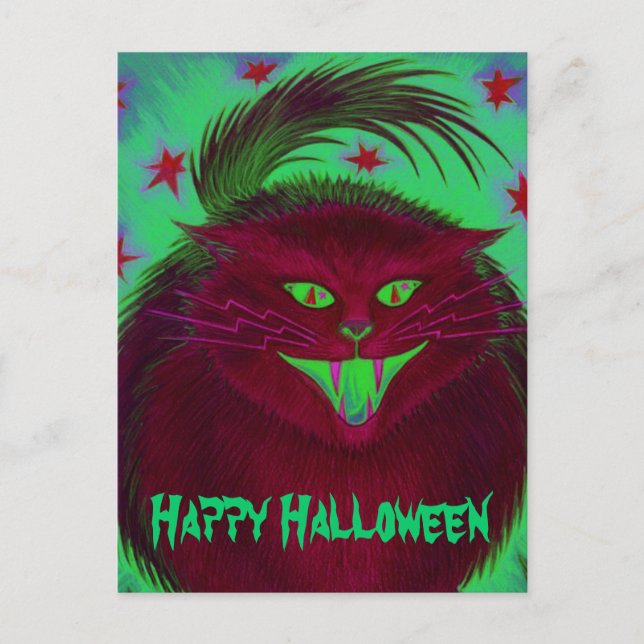Scary Cat Red 'Happy Halloween' postcard (Front)