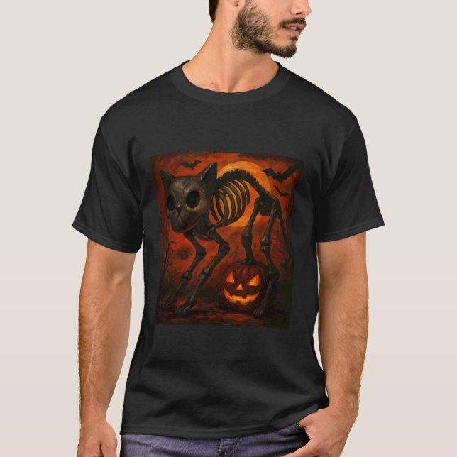 Scary Cat Skeleton Halloween T-Shirt (Front)